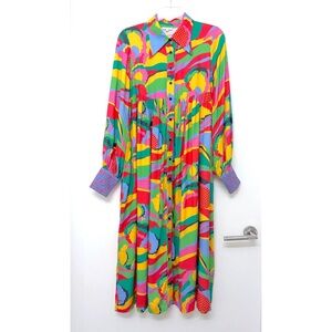 Manoush Purple Country Midi Shirt Dress Neon Landscape Floral Print FR 34